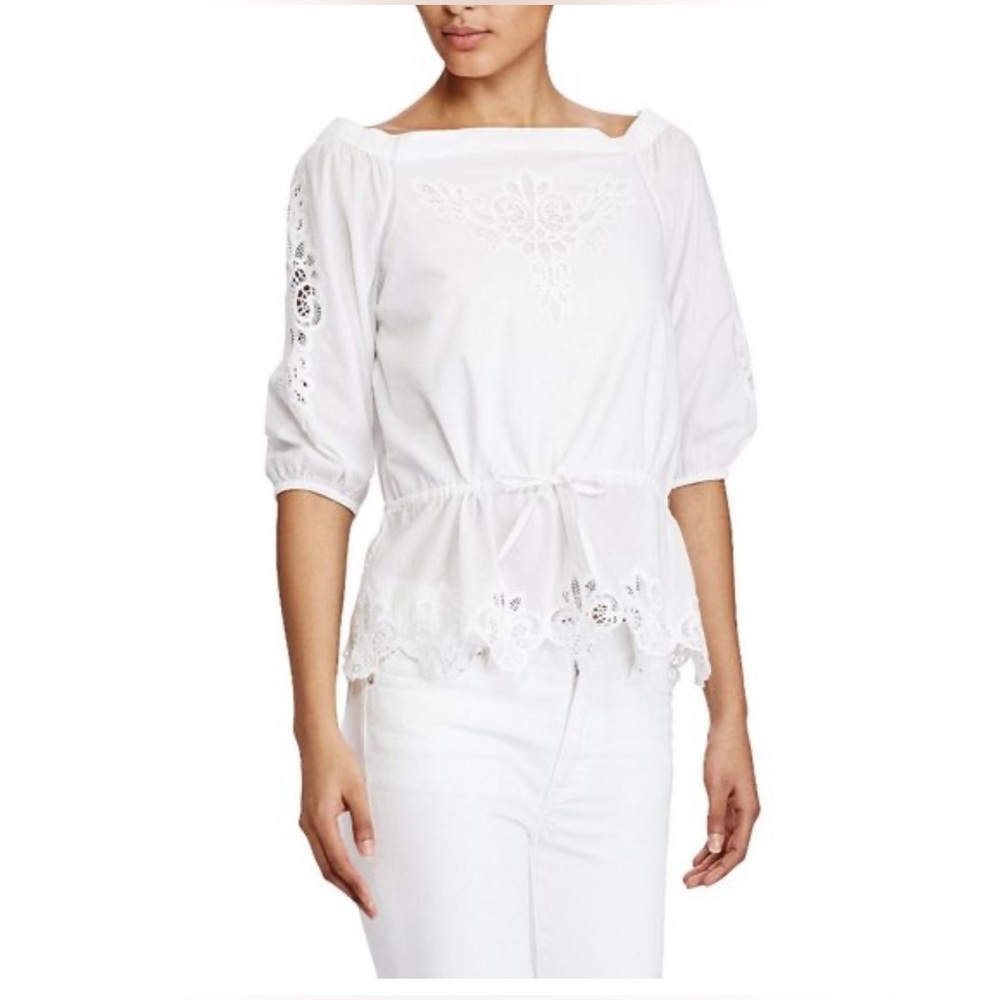 Lauren Ralph Lauren White Embroidered Peasant Blouse Boho Eyelet Top L